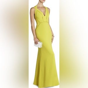 BCBGmaxazaria Penelope Halter V-Neck Long Gown golden olive